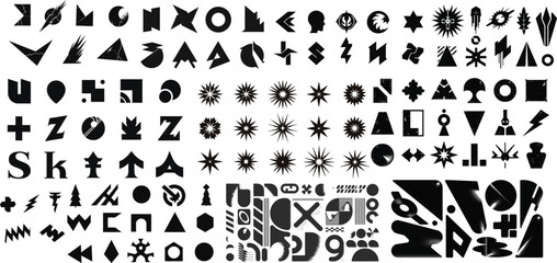 Postmodern Abstract Geometric solid black silhouette set.