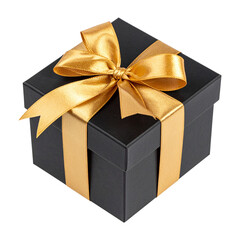 Obraz premium A black gift box with a golden ribbon on transparent Background, PNG file, black gift box with ribbon