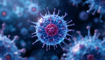 Obraz premium Coronavirus Rendering With Blue And Red Highlights For Medical Visualization Projects The Image Depicts A Microscopic Virus Cell For Scientific Research And Use