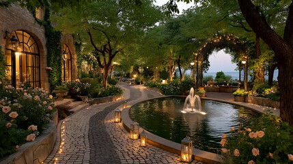 Obraz premium Enchanted Garden Oasis: This image captures the tranquil essence of an enchanting garden, blending natural beauty with elegant architecture and atmospheric lighting.