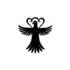 Elegant black bird silhouette with heart-shaped flourish for emblems or logos
