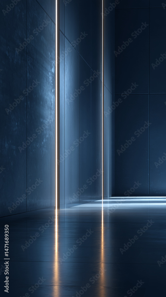 Poster dark blue wall scene with two vertical light lines, creating a sleek and modern atmosphere, suitable