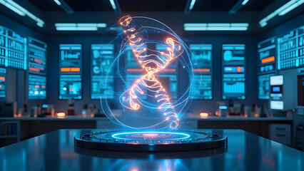 Futuristic Genetic Sequencing Laboratory with Central Holographic Display Showing Rotating DNA Molecules and Real-Time Biometric Data