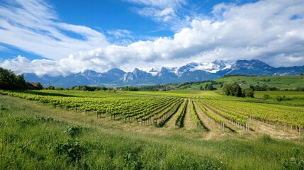 Naklejka premium Vineyard rows stretch towards a majestic snow-capped mountain range under a vibrant blue sky, showcasing a picturesque rural landscape. : Generative AI