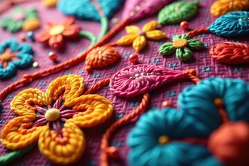 Close-up of colorful cross-stitch embroidery, showcasing intricate details and vibrant threads , stitches, embroidery, design