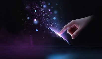 A hand touching a smartphone screen with holographic digital elements flying around, in a purple