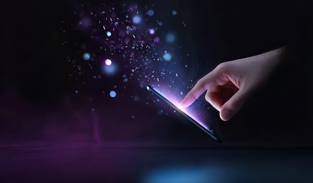A hand touching a smartphone screen with holographic digital elements flying around, in a purple