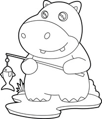 Hippo Fisher Fish Fishing Animal Vector Graphic Art Illustration