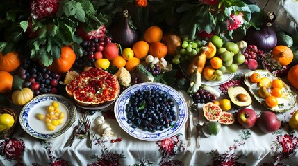 Table filled with colorful fruits and vegetables celebrating a mindful meal