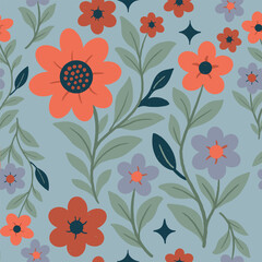 Seamless pattern of flat botanical illustration with red, purple, and orange flowers on a pale blue background. Ideal for surface design, fabric, packaging, and decorative projects.
