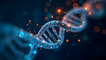 Intertwined DNA Strands Emitting Brilliant Blue and Orange Light with Holographic Medical Symbols and Biometric Data Visualizations