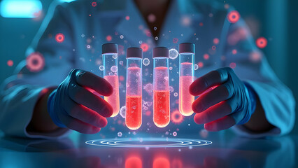 Virologist's Hands Carefully Balancing Multiple Illuminated Vials with Panoramic Holographic Projection of 3D Virus Dismantling Models