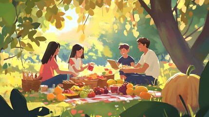 Family enjoying a picnic with locally sourced snacks and fruits