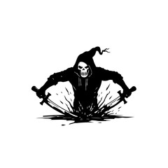 Grim Reaper Illustration with Dual Swords Emerging from a Dark Abyss