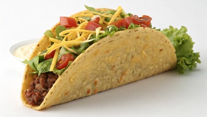 Close up view of crispy taco shell packed with fresh vegetables and bold salsa