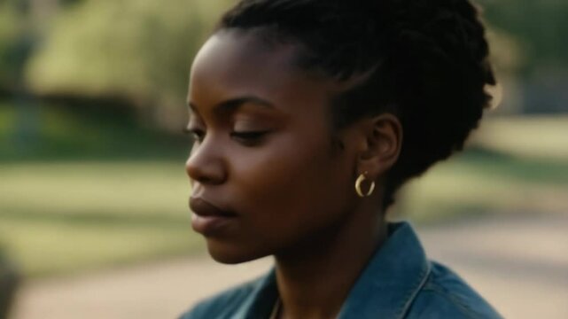 A young Black woman appears deep in thought, wearing a denim jacket, while enjoying the serenity of a sunlit park filled with green trees
