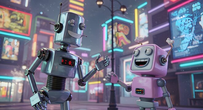 Friendly robots in a neon cityscape illustration for technology publication