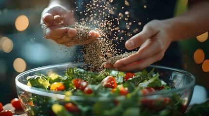 Hands sprinkling seeds over a salad bowl for added nutrition and mindfulness