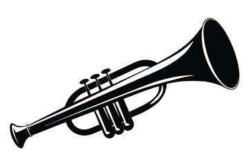 Sleek monochrome representation of a classic trumpet instrument displayed on a solid white background © kanchanrani