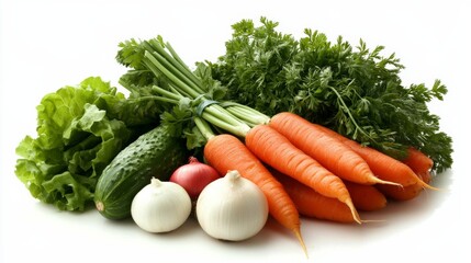An organic vegetable medley, featuring carrots, onions, and leafy greens, isolated on a seamless white backdrop,
