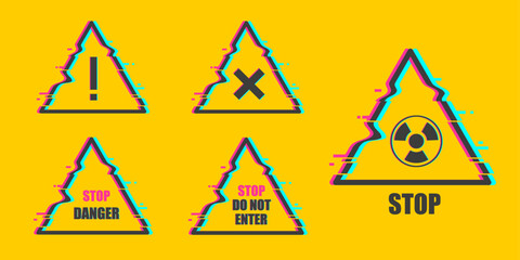 Danger signs .Symbols of warning of danger, hackers, viruses on the computer. Glitched attention . Vector Illustration.