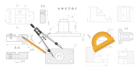 School education. Items for drawing. Engineering industrial background. Technical drawing . Vector illustration