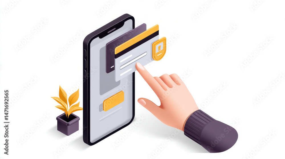 Poster a hand interacts with a smartphone displaying digital security elements, emphasizing technology and 
