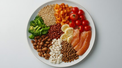 Close-up of a balanced plate with whole grains proteins and vegetables