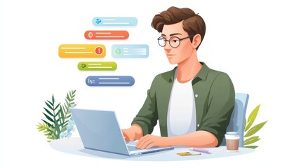 A young man works on a laptop surrounded by plants, engaged in digital communication through colorful message notifications.