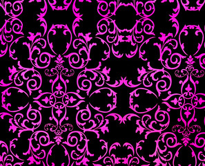 Random classic ornamental engraving in purple magenta color, with black background. European Baroque and damask classical pattern. graphic background for wallpaper. Seamless background texture