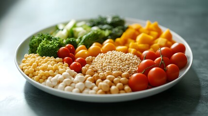 Close-up of a balanced plate with whole grains proteins and vegetables