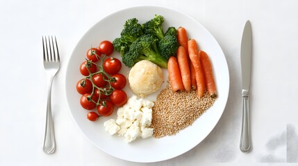 Close-up of a balanced plate with whole grains proteins and vegetables