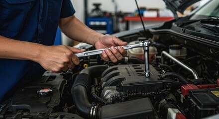 Obraz premium Mechanic Repairing Car Engine