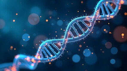 Virtual Biometric Healthcare Interface with Suspended DNA Helixes Pulsating with Blue and Orange Energy Surrounded by Genetic Analysis Projections