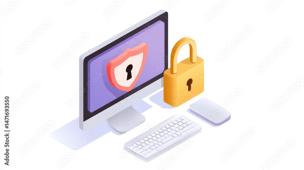 Poster digital illustration of a computer with a shield and lock symbolizing cybersecurity and data protect