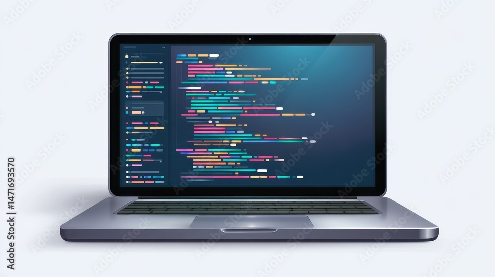 Poster a laptop displaying colorful code on its screen, representing programming and technology in a modern