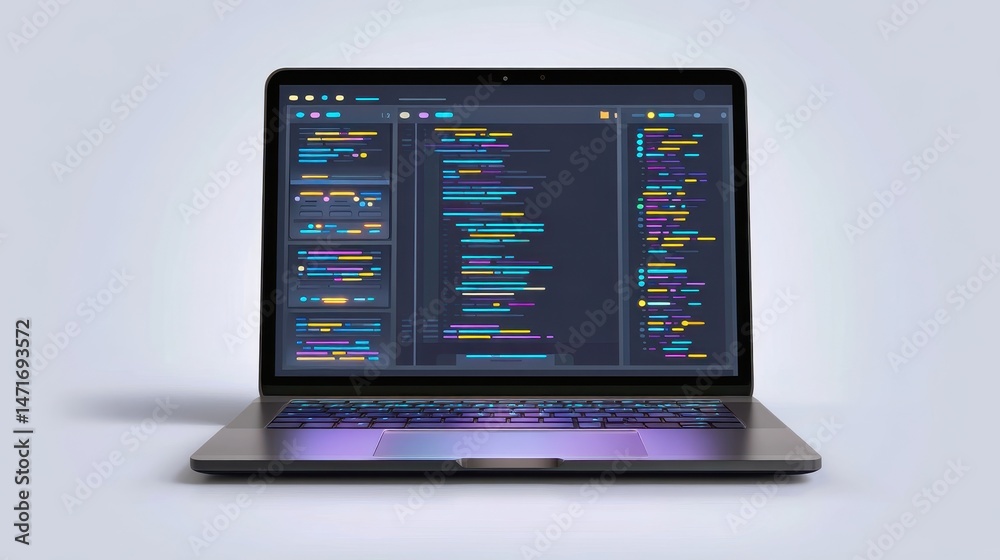 Aufkleber a modern laptop displaying colorful code on the screen, emphasizing technology and programming.