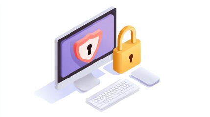 Digital illustration of a computer with a shield and lock symbolizing cybersecurity and data protection.