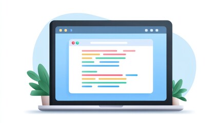 A laptop displays colorful code snippets with decorative plants on either side, set against a soft blue background.