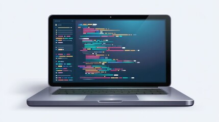 A laptop displaying colorful code on its screen, representing programming and technology in a modern digital workspace.