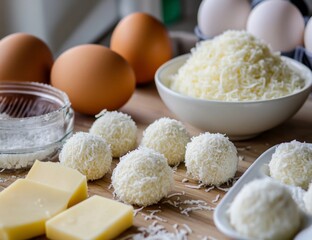 Fototapeta premium Cheese balls and ingredients ready for cooking