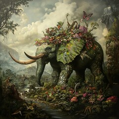 Fototapeta premium Floral Elephant in Lush Landscape