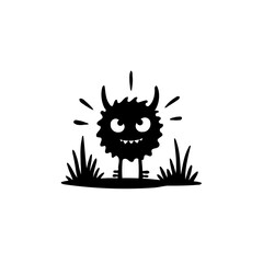 Playful silhouette of a charming monster character amidst simplistic vegetation
