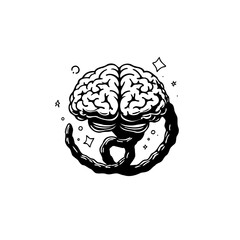 Stylized brain illustration with swirling spine and surrounding sparkles element