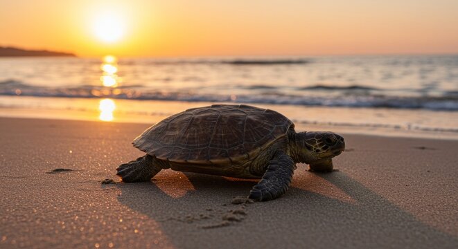 A sea turtle crawls across a sandy beach at sunset towards the ocean waves.