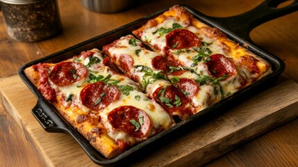 A perfectly baked Detroit-style pizza with crispy caramelized edges, served in a cast-iron pan,