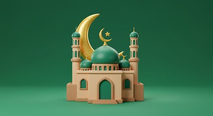 cartoon mosque with glowing crescent moon, Eid al Adha celebration icon, centered on green screen background
