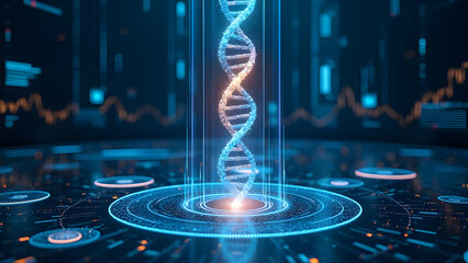 Virtual Biometric Analysis Chamber with Suspended DNA Strands Pulsating with Blue and Orange Energy Surrounded by Genetic Sequencing Projections