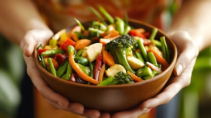 Person savoring a bowl of vegetable stir-fry made with local produce