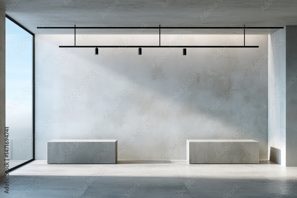 Aufkleber minimalist interior scene showcasing two concrete platforms against a textured wall, illuminated by 